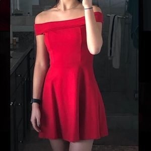 RED OFF THE SHOULDER SKATER DRESS